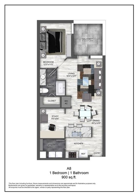 Floor plan for 1 bed, 1 bath, 900 sqft
